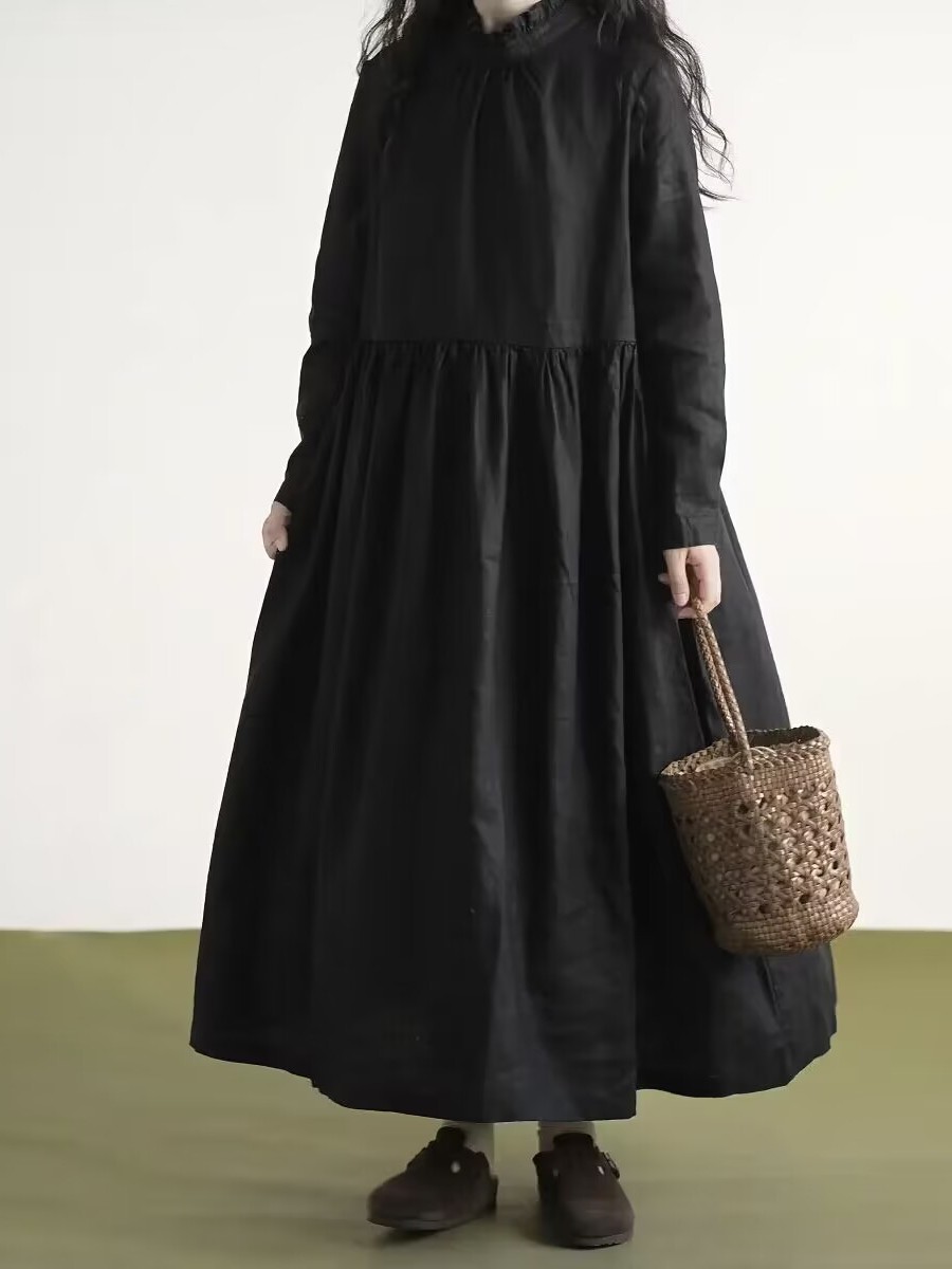 Casual Loose Linen Shirt Dress - Black Lace Collar Long Sleeve Linen