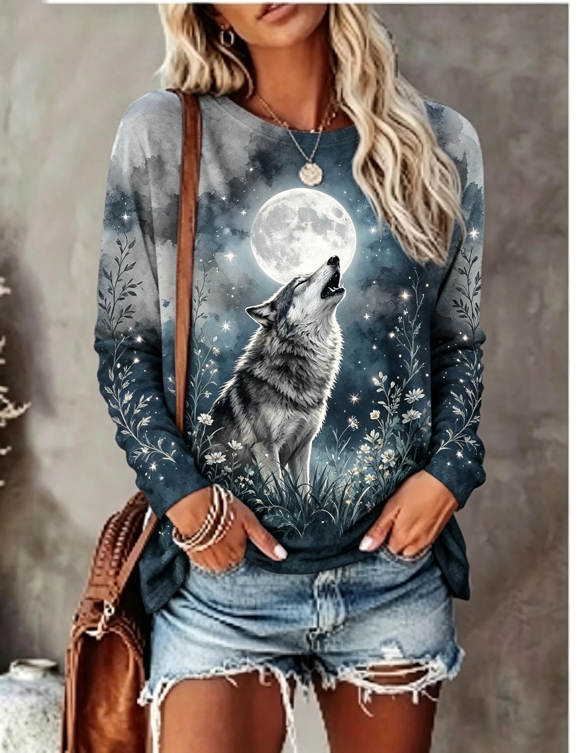Blouses - Women Long Sleeve T Shirt Howling