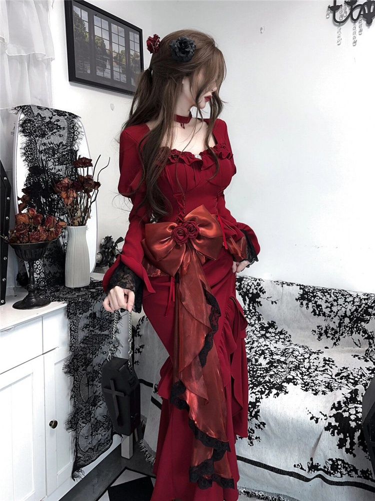 Spring Red Vintage Dress Women - French Vintage Floral Midi Dress 评论和价格